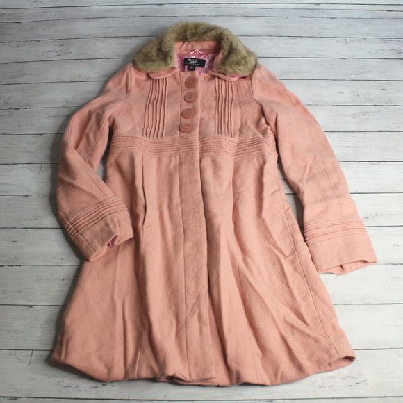 Coffee Shop Vintage Women's Long Winter Coat Size M Pink Wool Faux Fur - Picture 1 of 10